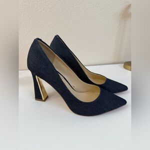 Jessica Simpson Denim Pointed Toe Pumps Blue Jean Heels Gold Detail Size NWOT